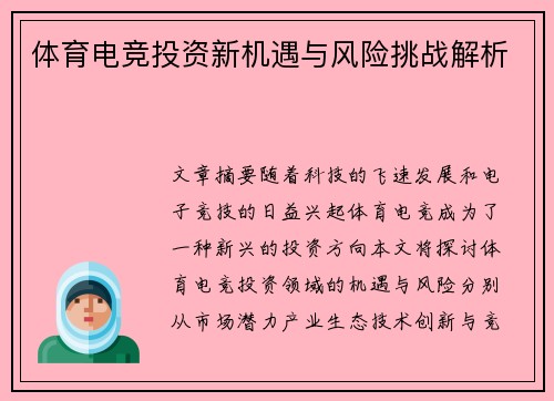 体育电竞投资新机遇与风险挑战解析