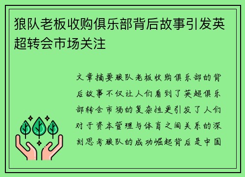狼队老板收购俱乐部背后故事引发英超转会市场关注