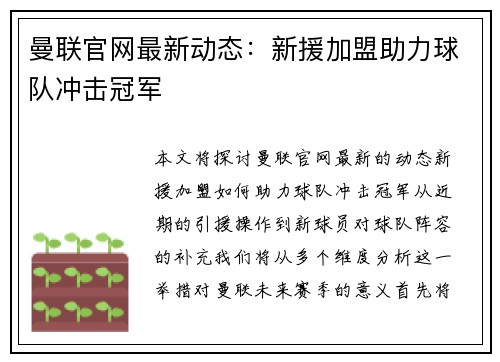 曼联官网最新动态：新援加盟助力球队冲击冠军